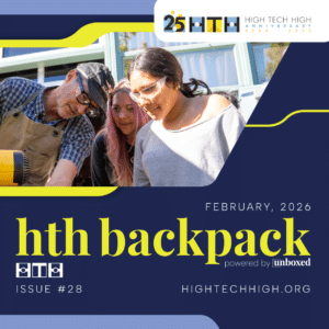 Thumbnail image of February newsletter banner with image of students working with teacher on woodworking.